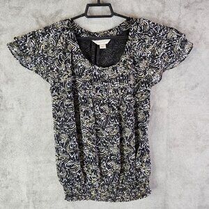 Womens Christopher & Banks Petite Top Black gold white short sleeve Size PS
